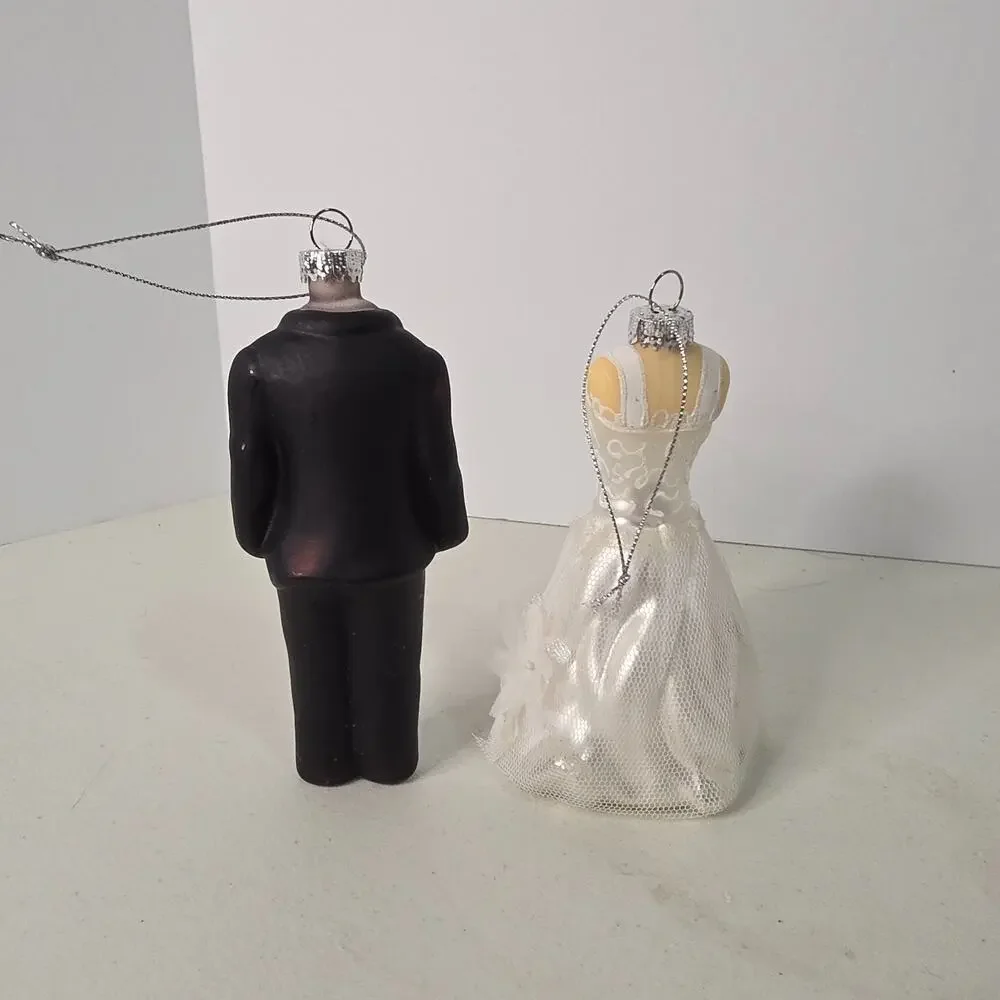 Robert Stanley glass Christmas ornaments wedding dress groom's suit